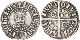 Pere III (1336-1387). Barcelona. Croat. (Cru.V.S. 402) (Badia falta) (Cru.C.G. 2220b). 3,07 g. Flores de seis pétalos en el vestido. Letras A y U lati...