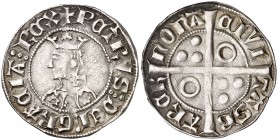 Pere III (1336-1387). Barcelona. Croat. (Cru.V.S. 402.1) (Cru.C.G. 2220d). 3,13 g. Flores de seis pétalos en el vestido. Letras A y U latinas. La E de...