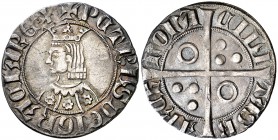 Pere III (1336-1387). Barcelona. Croat. (Cru.V.S. 403 var) (Badia 250) (Cru.C.G. 2220k). 3,06 g. Flores de seis pétalos en el vestido. Letras A y U gó...