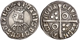 Pere III (1336-1387). Barcelona. Croat. (Cru.V.S. 403.1 var) (Badia 226) (Cru.C.G. 2220l var). 3,11 g. Flores de seis pétalos en el vestido. Letras A ...