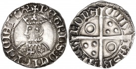 Pere III (1336-1387). Barcelona. Croat. (Cru.V.S. 407) (Badia falta) (Cru.C.G. 2224). 3,21 g. Flores de seis pétalos y cruz en el vestido. Letra T gót...