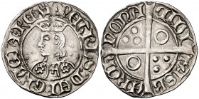 Pere III (1336-1387). Barcelona. Croat. (Cru.V.S. 407.1 var) (Badia falta) (Cru.C.G. 2224a var). 3,20 g. Flores de seis pétalos y cruz en el vestido. ...