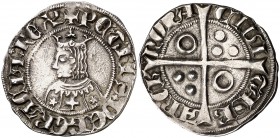 Pere III (1336-1387). Barcelona. Croat. (Cru.V.S. 408) (Badia 332, mismo ejemplar) (Cru.C.G. 2223m). 3,25 g. Flores de cinco pétalos y cruz en el vest...