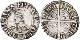 Pere III (1336-1387). Barcelona. Croat. (Cru.V.S. 409 var) (Badia falta) (Cru.C.G. 2225 var). 3,15 g. Flores de seis pétalos y T en el vestido. Letras...