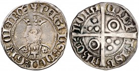 Pere III (1336-1387). Barcelona. Croat. (Cru.V.S. 409.2 var) (Badia 356, mismo ejemplar) (Cru.C.G. 2225a var). 3,17 g. Flores de seis pétalos y T en e...