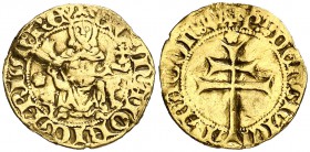 Pere III (1336-1387). Mallorca. Quart de ral d'or. (Cru.V.S falta) (Cru.C.G. 2255d var). 0,88 g. Sin orlas lobulares. La cabeza del rey interrumpe la ...