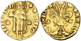 Joan I (1387-1396). Mallorca. Mig florí. (Cru.V.S. 470) (Cru.Comas 36) (Cru.C.G. 2384). 1,73 g. Marcas: veneras en anverso y reverso. Ex Áureo 20/03/1...
