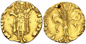 Joan I (1387-1396). València. Mig florí. (Cru.V.S. 472) (Cru.Comas 34) (Cru.C.G. 2283). 1,70 g. Marca: corona. Ex Áureo 03/03/2004, nº 1297. Escasa. M...