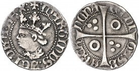 Martí I (1396-1410). Barcelona. Mig croat. (Cru.V.S. 512) (Cru.C.G. 2320a). 1,49 g. El busto interrumpe la gráfila. Rara. MBC.
