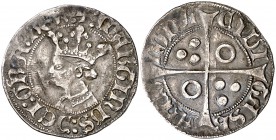 Martí I (1396-1410). Barcelona. Croat. (Cru.V.S. 513) (Badia 439, mismo ejemplar) (Cru.C.G. 2317). 3,12 g. El busto no interrumpe la gráfila. Corona c...