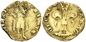 Ferran I (1412-1416). València. Mig florí. (Cru.V.S. 762) (Cru.Comas 69) (Cru.C.G. 2808). 1,71 g. Marca: corona. Defecto de cospel. Escasa. MBC-.