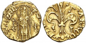 Alfons IV (1416-1458). Mallorca. Mig florí. (Cru.V.S. 803) (Cru.Comas 111) (Cru.C.G. 2860a). 1,53 g. Marcas: perros. El nombre del rey parcialmente vi...
