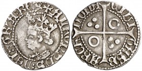 Alfons IV (1416-1458). Barcelona. Mig croat. (Cru.V.S. falta) (Badia 489) (Cru.C.G. 2870). 1,55 g. El busto interrumpe la gráfila. Corona sin cruces i...