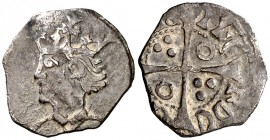 Joan II (1458-1462/1472-1479). Lleida. Terç de croat. (Cru.V.S. 946.2 sim) (Badia 634, mismos cuños) (Cru.C.G. 2986b sim). 1 g. Muy rara. MBC.