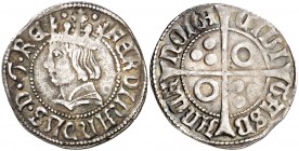 Ferran II (1479-1516). Barcelona. Croat. (Cru.V.S. falta) (Badia 715) (AN. 30 pág. 108, nº 6) (Cru.C.G. falta). 3,09 g. Busto peculiar. La orla tiene ...