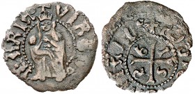 1526. Carlos I. Puigcerdà. 1 diner. (Cru.C.G. 3828) (Cru.L. 2020). 0,53 g. La fecha empieza en el segundo cuartel. Rara. MBC.