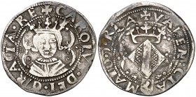 s/d. Carlos I. Valencia. 2 reales. (Cal. 37 var). 4,95 g. Busto con barba. Muy redonda. Escasa. MBC-.