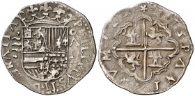 s/d. Felipe II. Valladolid. . 1 real. (Cal. 688). 3,29 g. Escudo entre y /I. Armas de Flandes y Tirol intercambiadas. Buen ejemplar. Rara. MBC+.