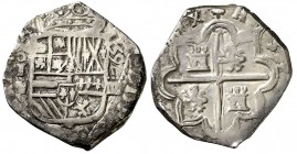 1592/1. Felipe II. Segovia. I. 4 reales. (Cal. 357). 13,50 g. Leves manchitas. Ex 'Aureo 27/10/2005, nº 375. Muy raro. MBC-/MBC.