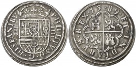 1589. Felipe II. Segovia. 4 reales. (Cal. 373). 13,49 g. Acueducto de dos arcos y un piso. Manchitas. Ex Áureo 05/04/1995, nº 385. Ex Colección Prince...