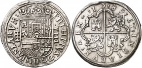 1589. Felipe II. Segovia. 8 reales. (Cal. falta). 27,28 g. Acueducto de tres arcos y dos pisos entre puntos. El 8 de la fecha abierto. Canto ligeramen...