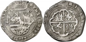 s/d. Felipe II. Valladolid. . 8 reales. (Cal. 276 var). 27,23 g. Escudo entre y /8. Buen ejemplar. Ex Áureo 16/12/1993, nº 628. Ex Colección Princesa ...