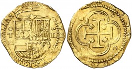 s/d. Felipe II. Toledo. M. 2 escudos. (Cal. 88) (Tauler 59). 6,75 g. Atractiva. Escasa. MBC+.