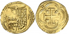 s/d. Felipe II. Toledo. . 2 escudos. (Cal. falta) (Tauler 61b, mismo ejemplar de la edición digital). 6,71 g. Sin el nombre del rey. Armas de Flandes ...