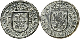 1620. Felipe III. Segovia. 8 maravedís. (Cal. 775). 7,23 g. Atractiva. Pátina verde. Rara así. EBC-