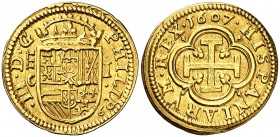 1607. Felipe III. Segovia. C. 1 escudo. (Cal. 60). 3,43 g. Leyenda: PHILIP. Bella. Rara. EBC/EBC+.