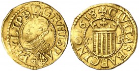 1618. Felipe III. Barcelona. 1/3 de trentí. (Cal. 74) (Cru.C.G. 4336). 2,35 g. La segunda P de PHILIPP sobre un 9. Rara. MBC/MBC+.