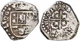 1643. Felipe IV. Madrid. B. 2 reales. (Cal. falta). 6,57 g. Leones y castillos en reverso. Este año ya se acuñan monedas de busto. Rayitas. Muy rara. ...