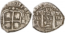 1653. Felipe IV. Potosí. E. 2 reales. (Cal. 898). 4,65 g. PH bajo corona en reverso. Rara. MBC.