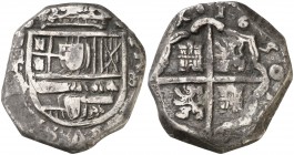 1650. Felipe IV. (Madrid). A. 8 reales. (Cal. 291). 26,23 g. La leyenda del reverso comienza a las 3h del reloj. Pátina. Muy rara. MBC-.
