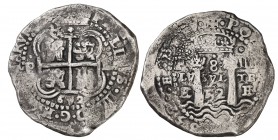 1652. Felipe IV. Potosí. E. 8 reales. (Cal. falta) (Paoletti 261) (Mc Lean B-V). 26,19 g. Triple fecha y triple ensayador. Ejemplar híbrido con el anv...