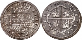 1635. Felipe IV. Segovia. R. 8 reales. (Cal. 574). 27,25 g. Pátina. Buen ejemplar. Rara. MBC+.
