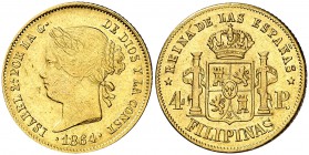 1864. Isabel II. Manila. 4 pesos. (Cal. 128). 6,71 g. Leves golpecitos. Parte de brillo original. MBC+.