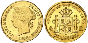 1868. Isabel II. Manila. 4 pesos. (Cal. 132). 6,78 g. Bella. Brillo original. Escasa así. EBC/EBC+.