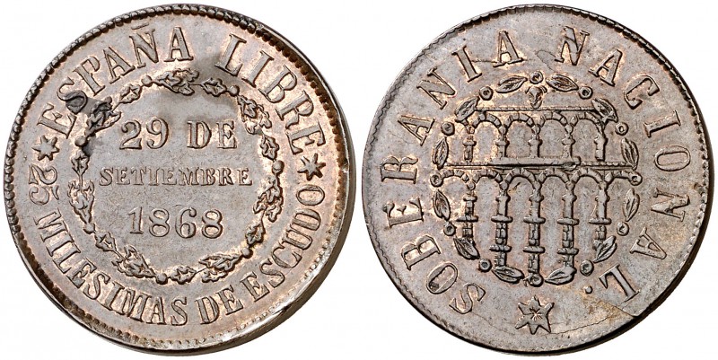 1868. Gobierno Provisional. Segovia. 25 milésimas de escudo. (Cal. 23). 6,17 g. ...