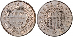 1868. Gobierno Provisional. Segovia. 25 milésimas de escudo. (Cal. 23). 6,17 g. Parte de brillo original. Escasa. EBC-.