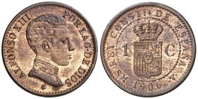 1906*6. Alfonso XIII. SMV. 1 céntimo. (Cal. 76). 1,05 g. Parte de brillo original. Rara y más así. EBC+.