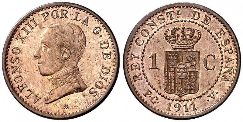 1911*1. Alfonso XIII. PCV. 1 céntimo. (Cal. 78). 1,01 g. Bella. Brillo original....