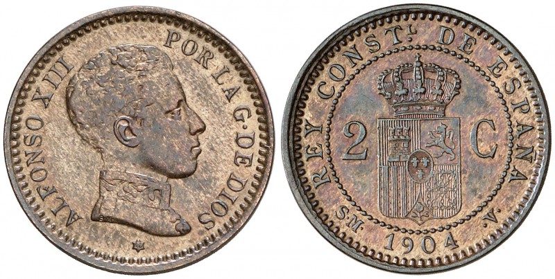 1904*04. Alfonso XIII. SMV. 2 céntimos. (Cal. 70). 1,93 g. Cifra de la estrella ...