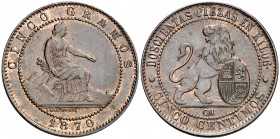 1870. Gobierno Provisional. Barcelona. OM. 5 céntimos. (Cal. 25). 4,81 g. Bella. Escasa así. EBC+.