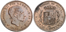 1877. Alfonso XII. Barcelona. . 5 céntimos. (Cal. 71). 4,93 g. EBC-.