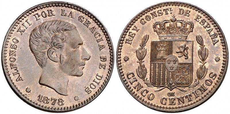 1878. Alfonso XII. Barcelona. . 5 céntimos. (Cal. 72). 5,05 g. Bella. Escasa así...
