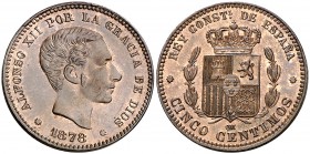 1878. Alfonso XII. Barcelona. . 5 céntimos. (Cal. 72). 5,05 g. Bella. Escasa así. EBC+.