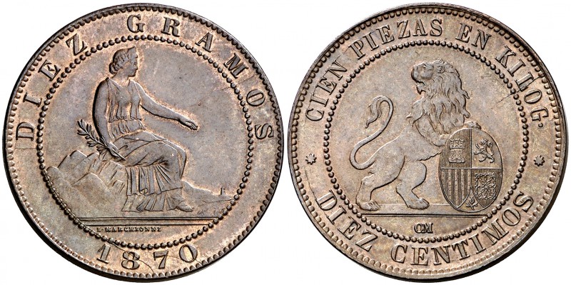1870. Gobierno Provisional. Barcelona. . 10 céntimos. (Cal. 24). 10,12 g. Bella....