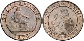 1870. Gobierno Provisional. Barcelona. . 10 céntimos. (Cal. 24). 10,12 g. Bella. Parte de brillo original. Rara así. S/C-.