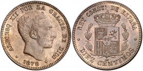 1878. Alfonso XII. Barcelona. . 10 céntimos. (Cal. 68). 9,88 g. Bella. Parte de brillo original. Escasa así. EBC/EBC+.
